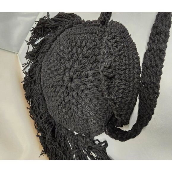 Handmade Crochet macrame Black Fringe Bohemian Shoulder Bag boho cottage biker - Picture 4 of 8